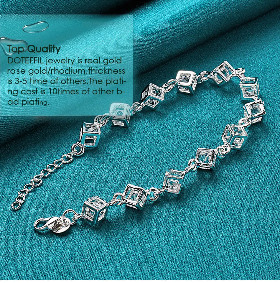 DOTEFFIL 925 Sterling Silver Square AAA Zircon Chain Bracelet For Women Wedding Engagement Party Fashion Jewelry