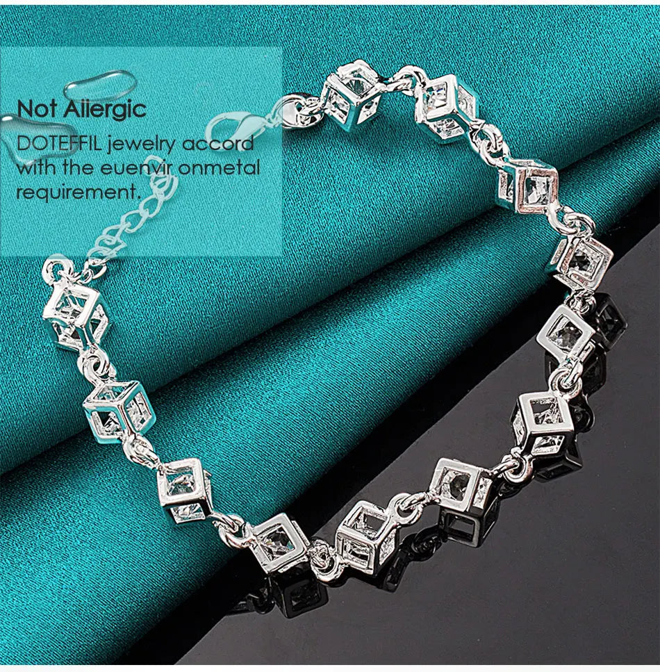 DOTEFFIL 925 Sterling Silver Square AAA Zircon Chain Bracelet For Women Wedding Engagement Party Fashion Jewelry