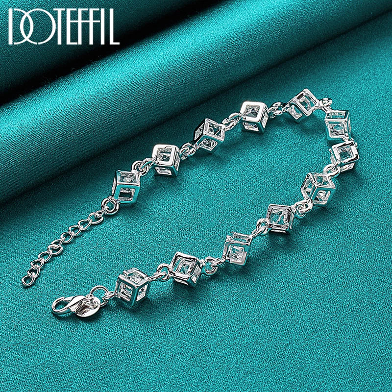 DOTEFFIL 925 Sterling Silver Square AAA Zircon Chain Bracelet For Women Wedding Engagement Party Fashion Jewelry