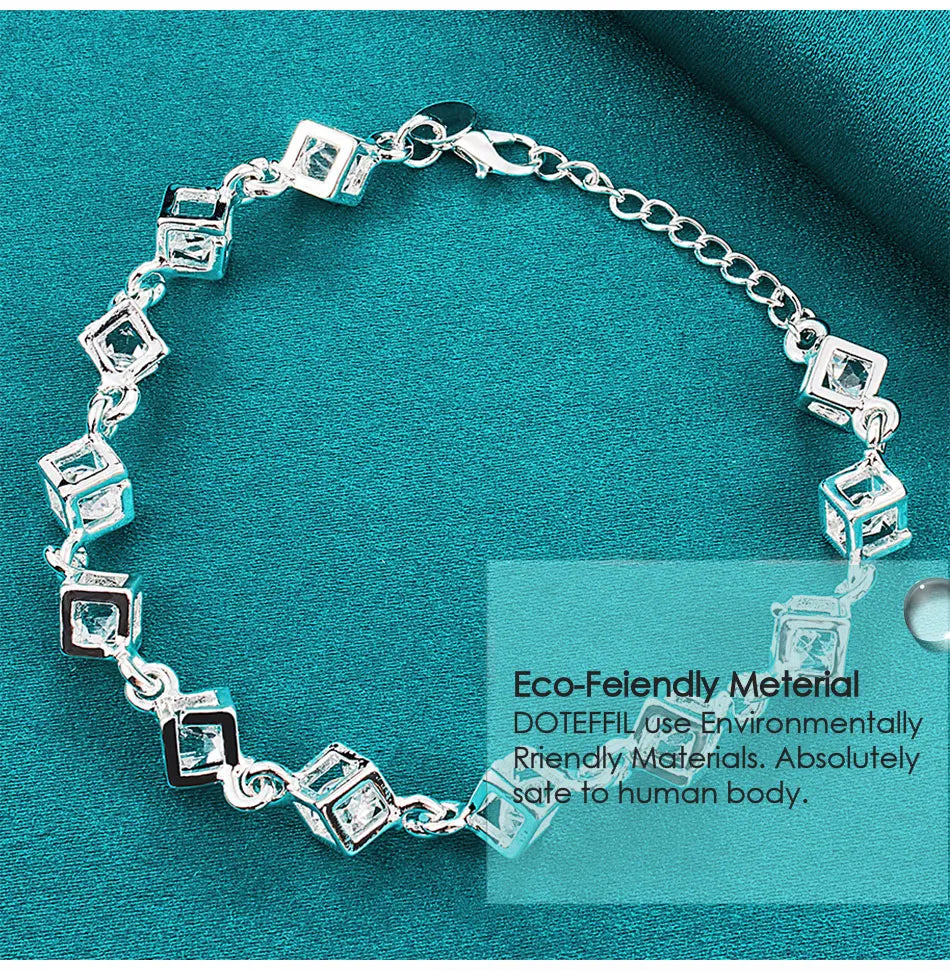 DOTEFFIL 925 Sterling Silver Square AAA Zircon Chain Bracelet For Women Wedding Engagement Party Fashion Jewelry