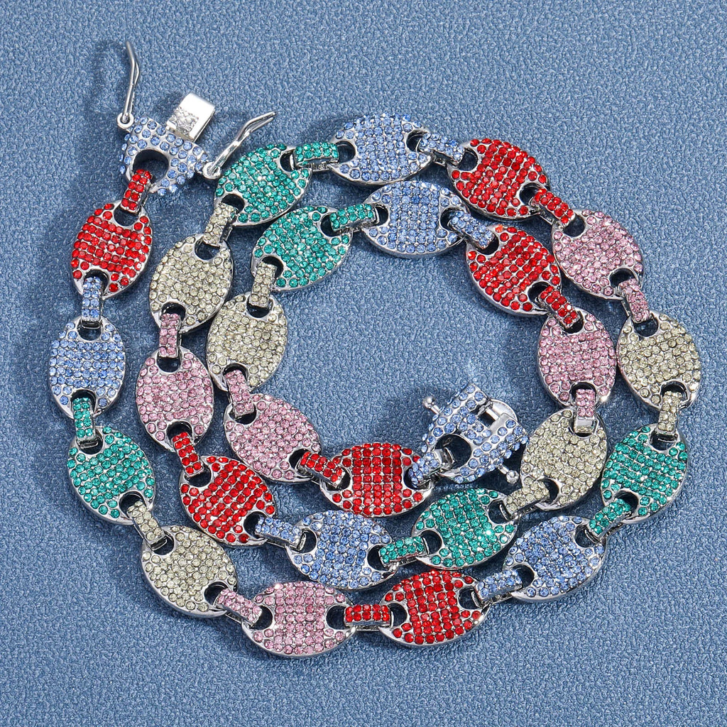 Bling Bling Men's 12MM Coffee Bean Chain Necklace Pig Nose Chain Hiphop Diamond Rhinestone Mens Necklace