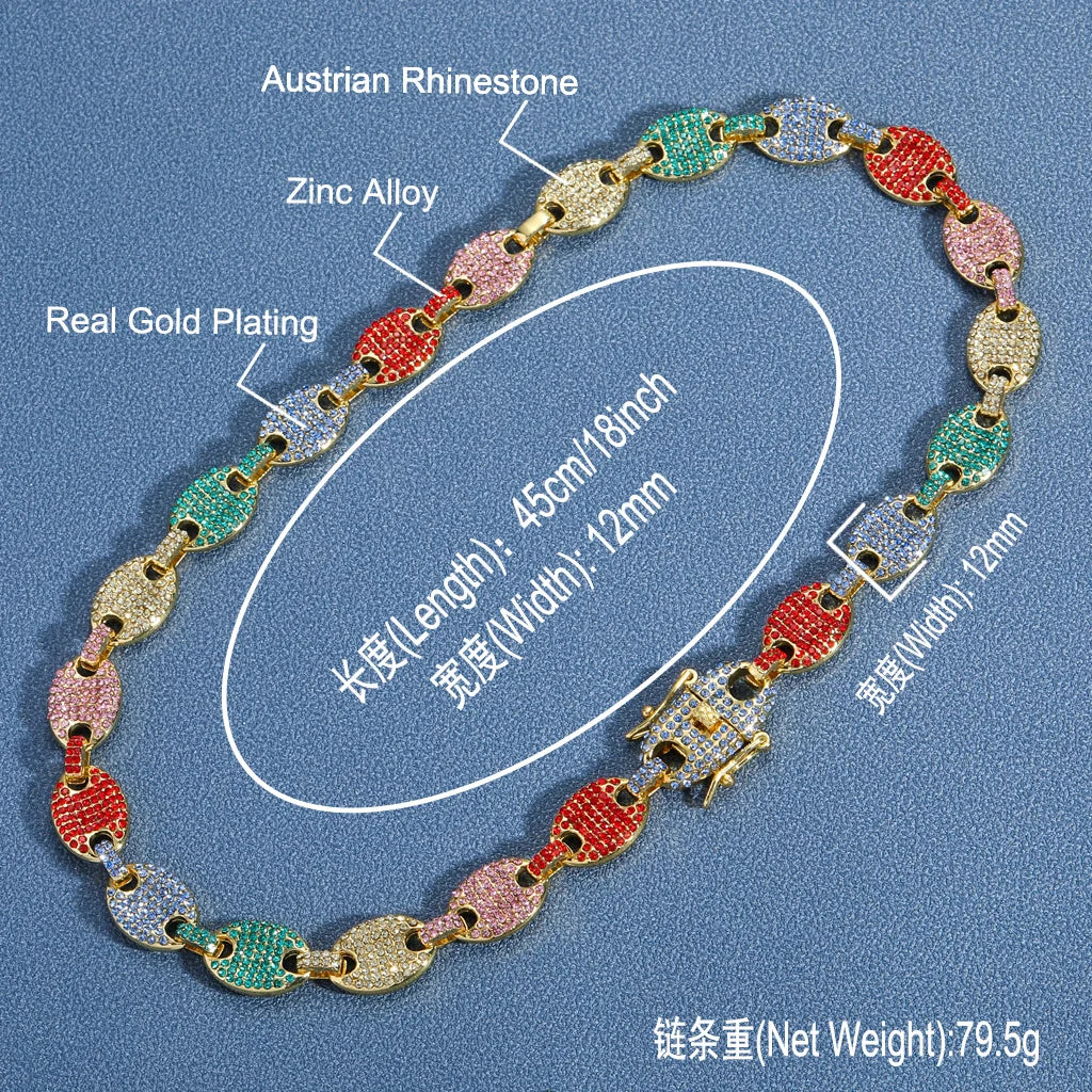 Bling Bling Men's 12MM Coffee Bean Chain Necklace Pig Nose Chain Hiphop Diamond Rhinestone Mens Necklace