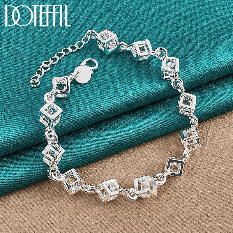 DOTEFFIL 925 Sterling Silver Square AAA Zircon Chain Bracelet For Women Wedding Engagement Party Fashion Jewelry