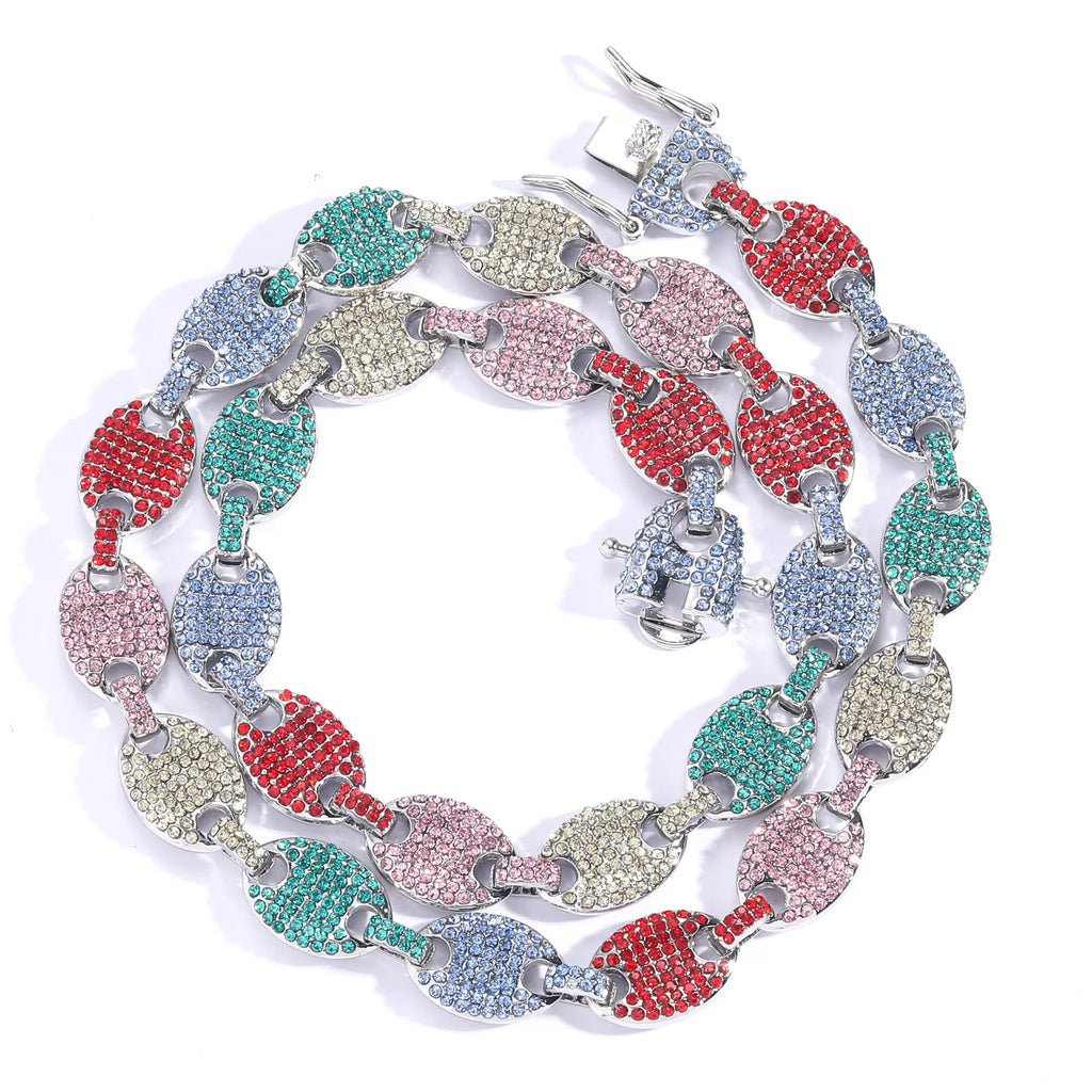 Bling Bling Men's 12MM Coffee Bean Chain Necklace Pig Nose Chain Hiphop Diamond Rhinestone Mens Necklace