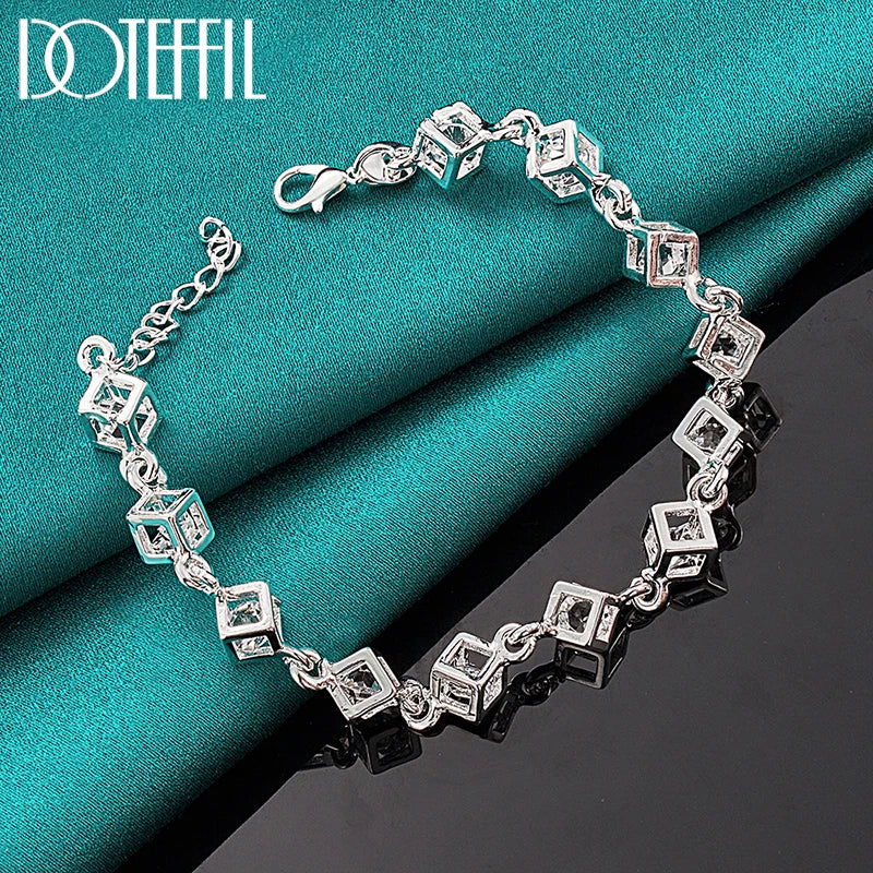 DOTEFFIL 925 Sterling Silver Square AAA Zircon Chain Bracelet For Women Wedding Engagement Party Fashion Jewelry