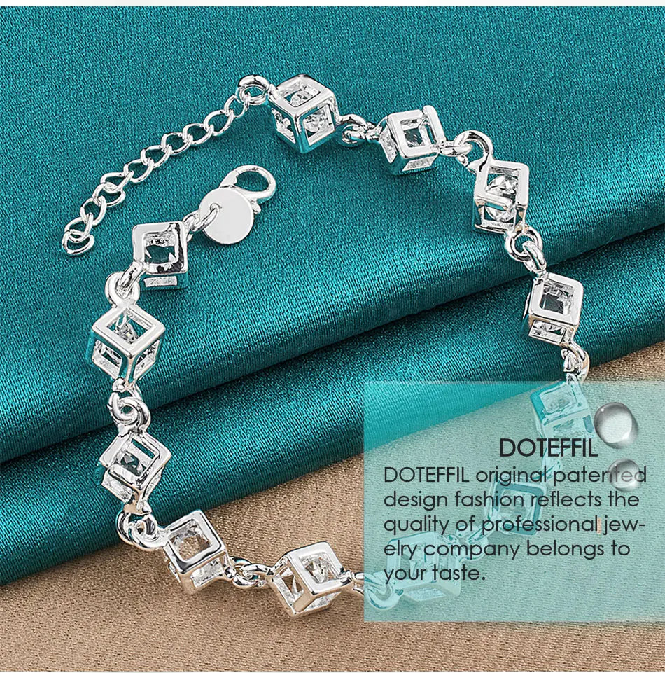 DOTEFFIL 925 Sterling Silver Square AAA Zircon Chain Bracelet For Women Wedding Engagement Party Fashion Jewelry