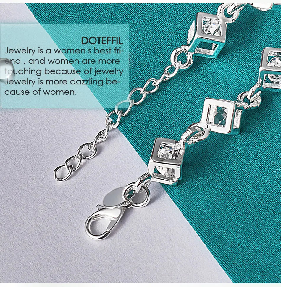 DOTEFFIL 925 Sterling Silver Square AAA Zircon Chain Bracelet For Women Wedding Engagement Party Fashion Jewelry