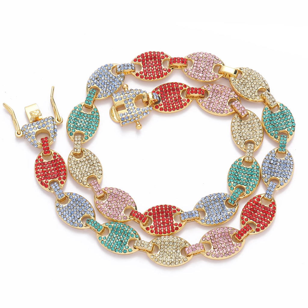 Bling Bling Men's 12MM Coffee Bean Chain Necklace Pig Nose Chain Hiphop Diamond Rhinestone Mens Necklace