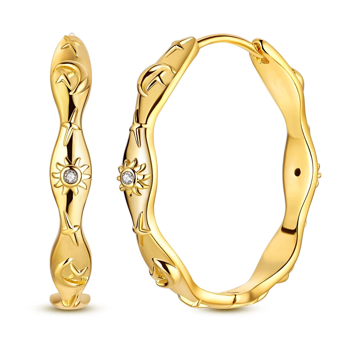 Gold Color Silver 925 Earring For Woman Round Sun Moon Heart Hoop Earring Original Jewelry