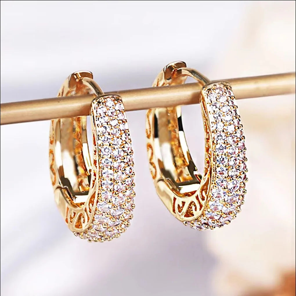 Huitan Hollow Gold Color Hoop Earrings for Women Paved Dazzling CZ Stone Luxury Trendy Female Circle Earrings Statement Jewelry