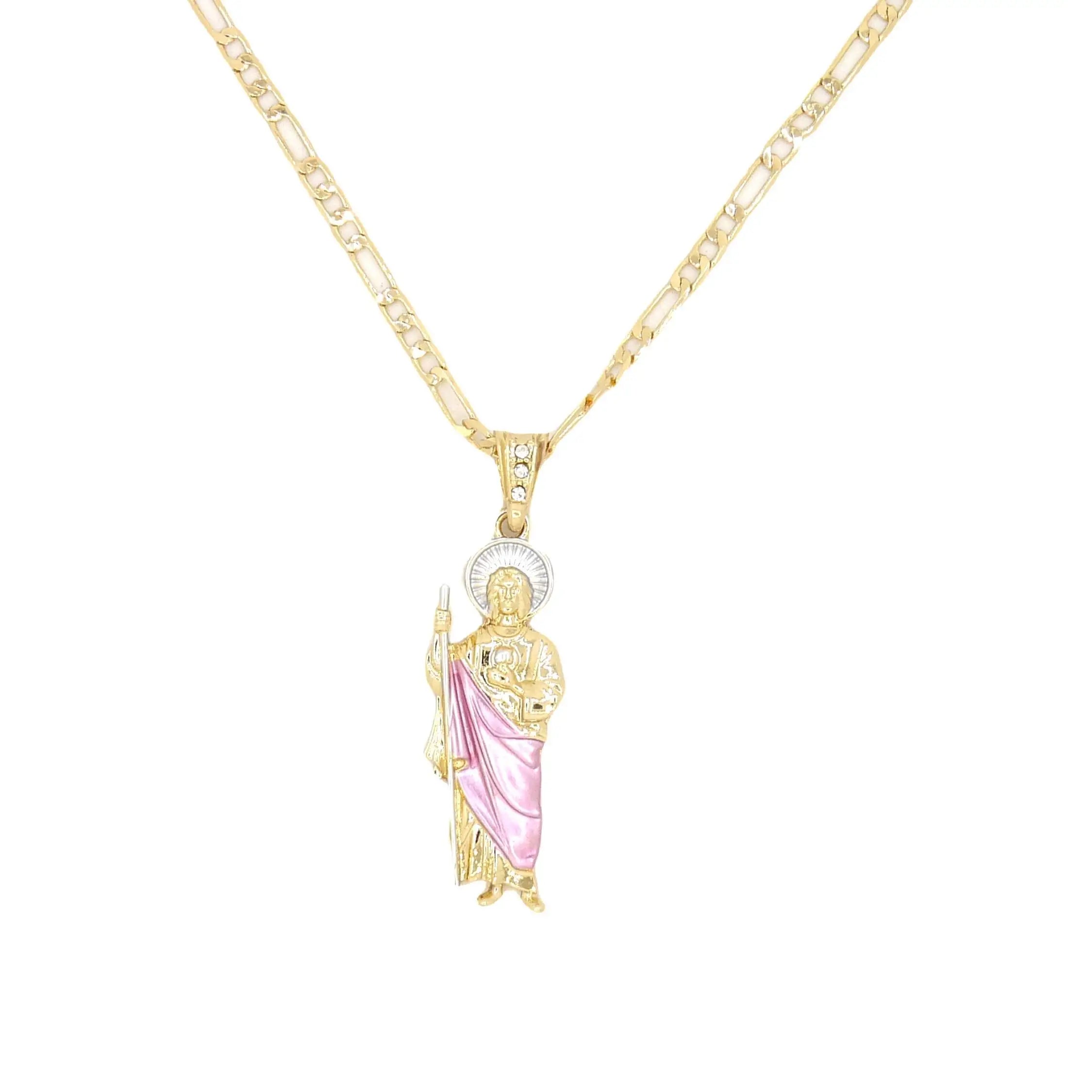 Saint Jude Necklace 14K Gold Plated San Judas Pendant Figaro Chain