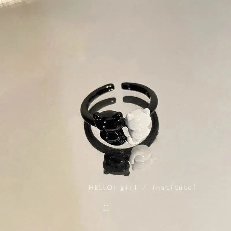 Fashion Natural Moonstone Obsidian Rings Minimalist Handmade Cute Black White Cat Bead Ring Women Party Accessories Jewelry Gift