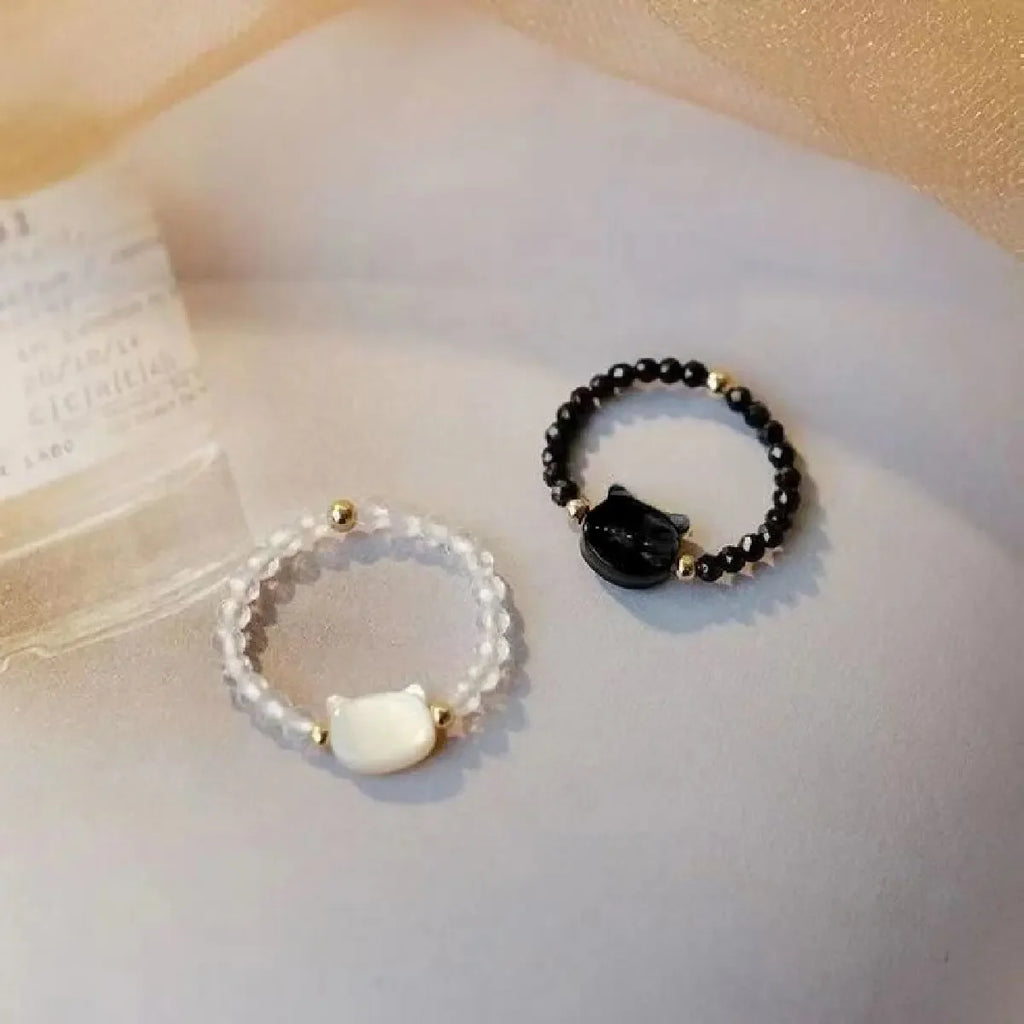 Fashion Natural Moonstone Obsidian Rings Minimalist Handmade Cute Black White Cat Bead Ring Women Party Accessories Jewelry Gift