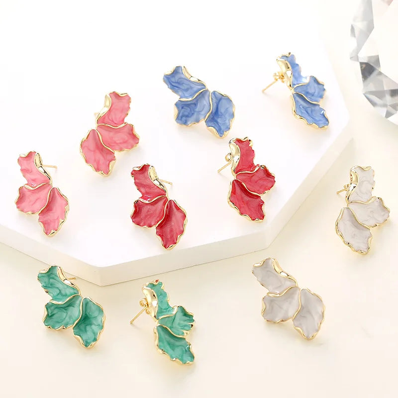Fashion Sweet Geometric Enamel Gold Color Flower Stud Earrings Women Elegant Jewelry Fresh Blue Green White Red Pink Earrings
