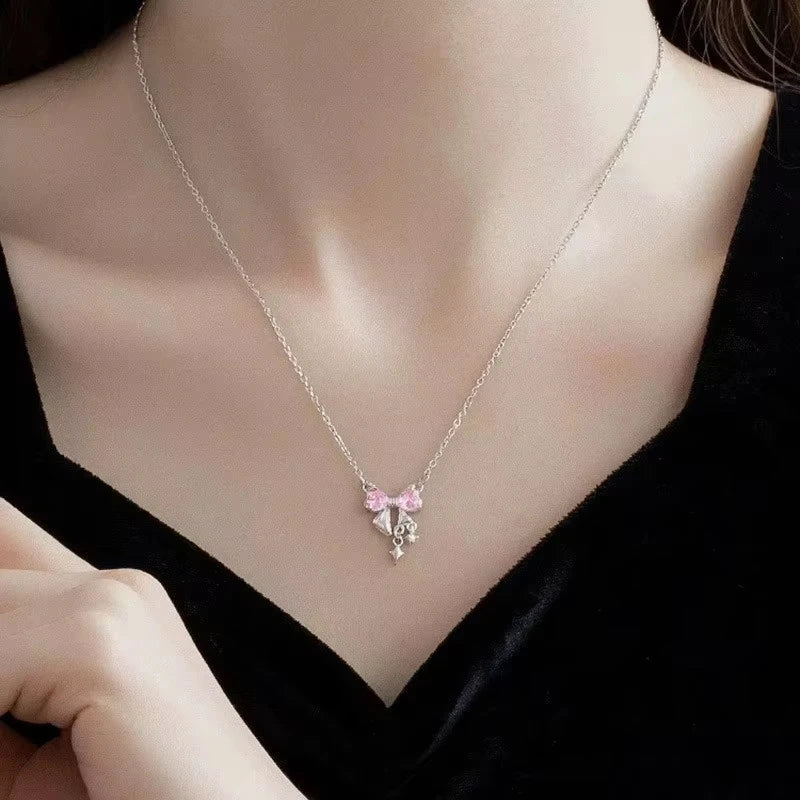 Sweet Pink Bow Necklace Ladies Fashion Sparkling Rhinestone Star Shape Pendant Clavicle Chain Delicate Wedding Accesories