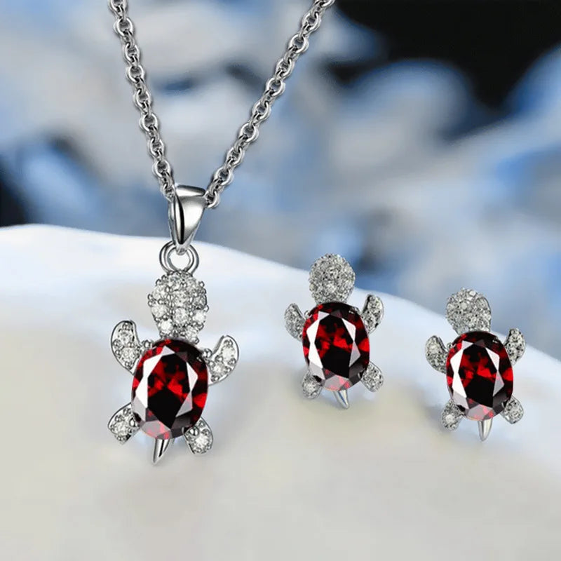 3pcs Silver-plated Necklace Earrings Set Ladies Light Luxury Fashion Style Turtle Shape With Multi Color Glass Diamond