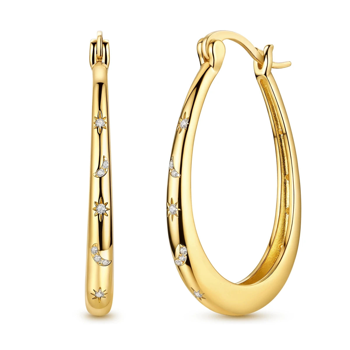 Gold Color Silver 925 Earring For Woman Round Sun Moon Heart Hoop Earring Original Jewelry