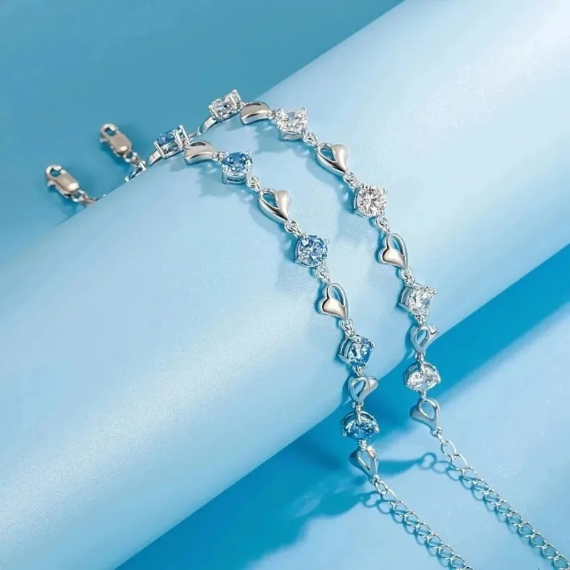 925 Sterling Silver Heart Shaped Bracelet For Women Retro Korean Versatile Pink Crystal Charm Bracelets Original Party Jewelry