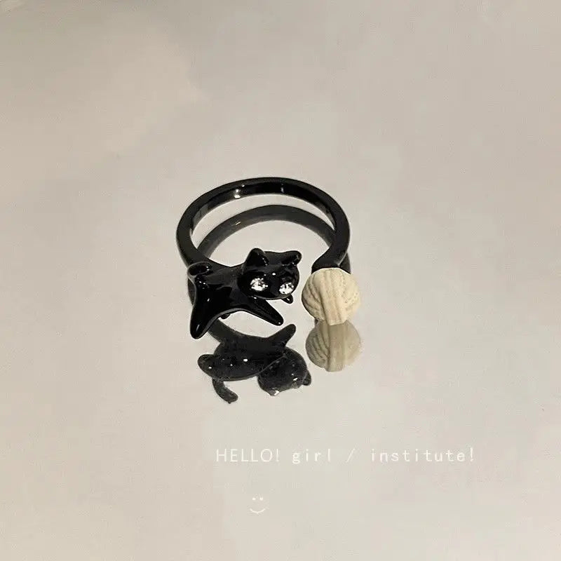 Fashion Natural Moonstone Obsidian Rings Minimalist Handmade Cute Black White Cat Bead Ring Women Party Accessories Jewelry Gift