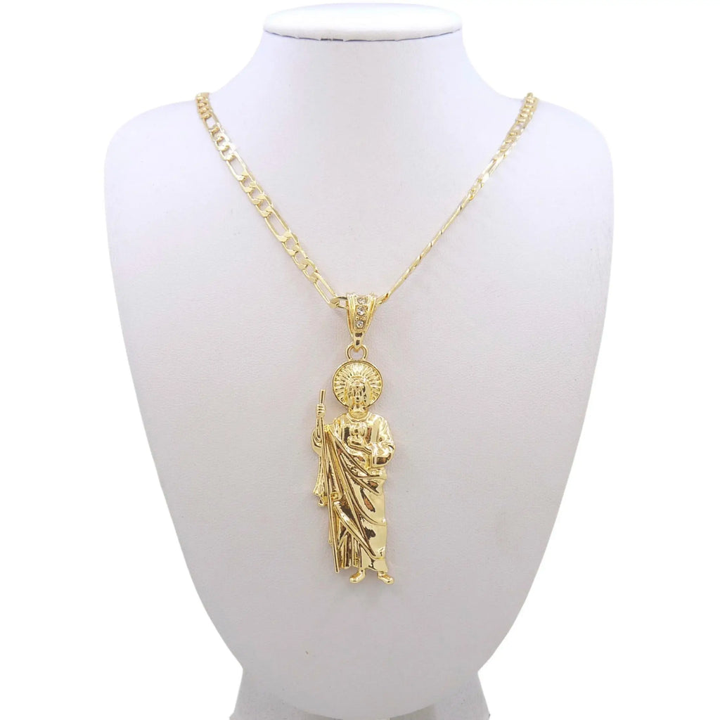 Saint Jude Necklace 14K Gold Plated San Judas Pendant Figaro Chain
