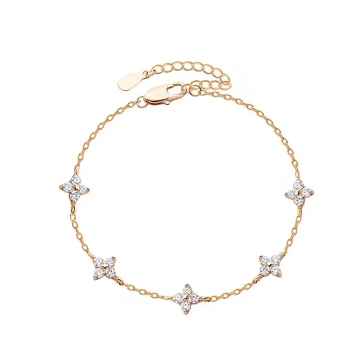 High Quality Crystal Four Leaf Flower Bracelet for Women Clasic Trendy Gold Color Stainless Steel Zircon Bangle Jewelry Gift