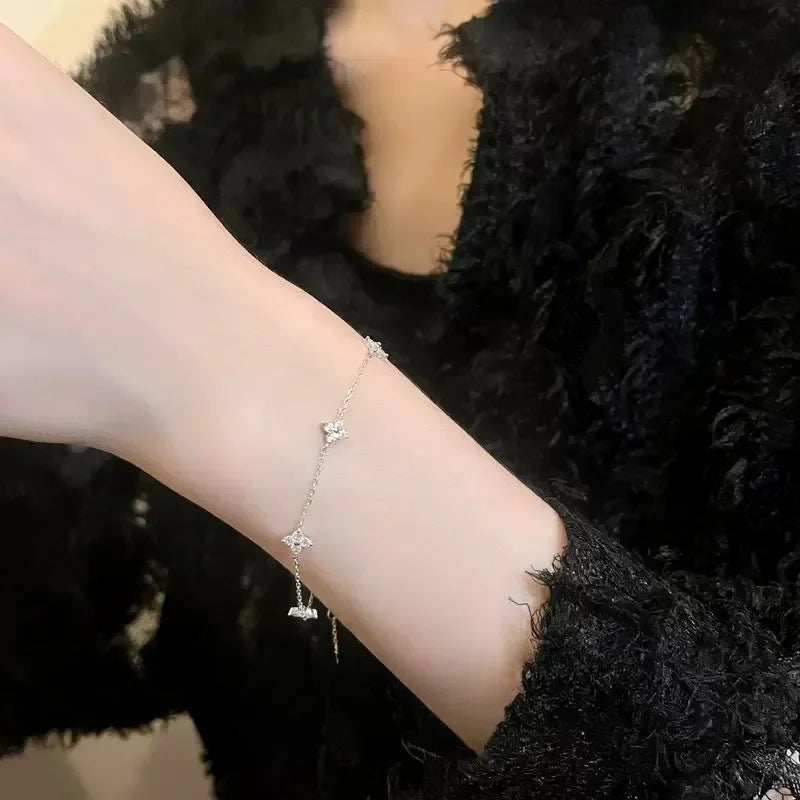 High Quality Crystal Four Leaf Flower Bracelet for Women Clasic Trendy Gold Color Stainless Steel Zircon Bangle Jewelry Gift