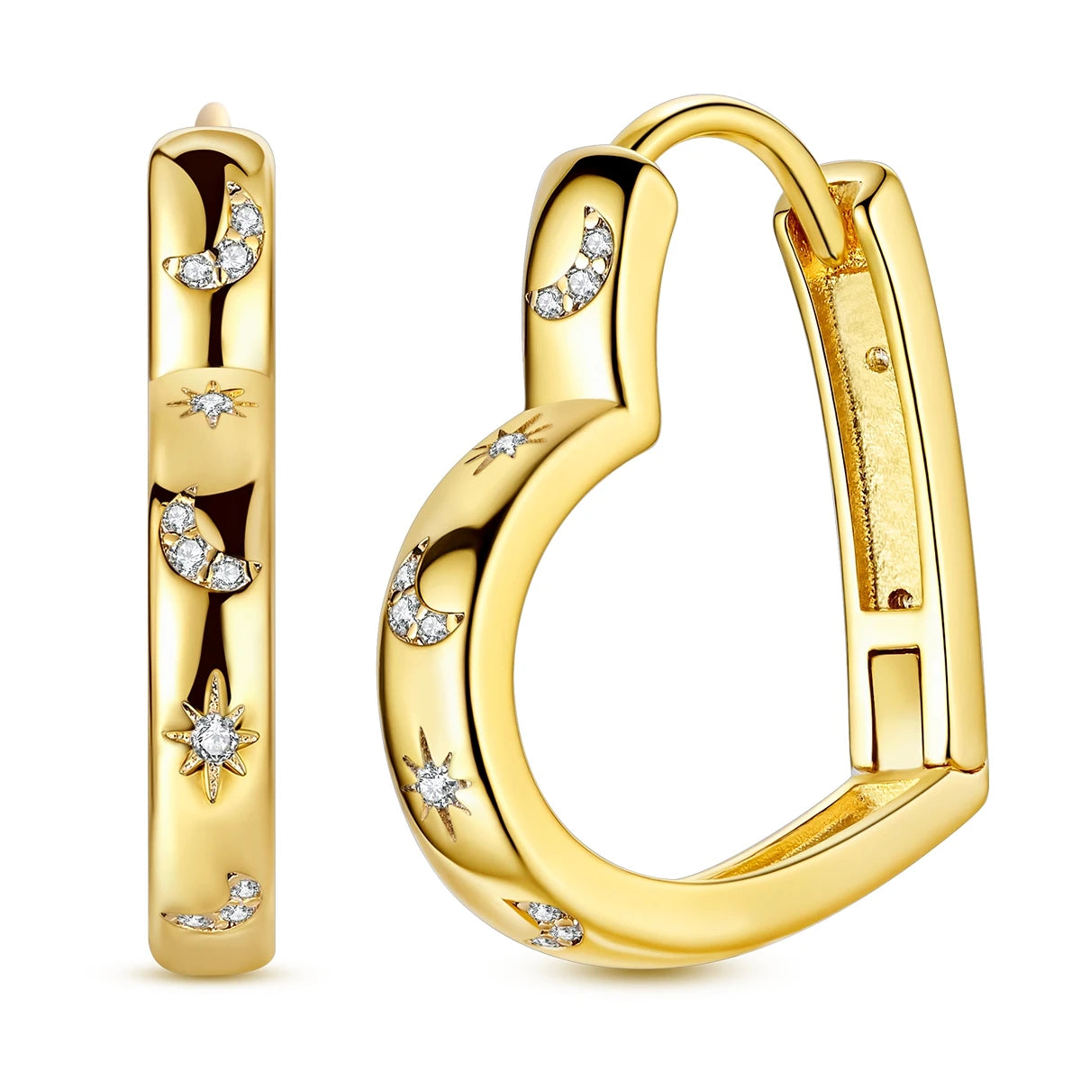 Gold Color Silver 925 Earring For Woman Round Sun Moon Heart Hoop Earring Original Jewelry