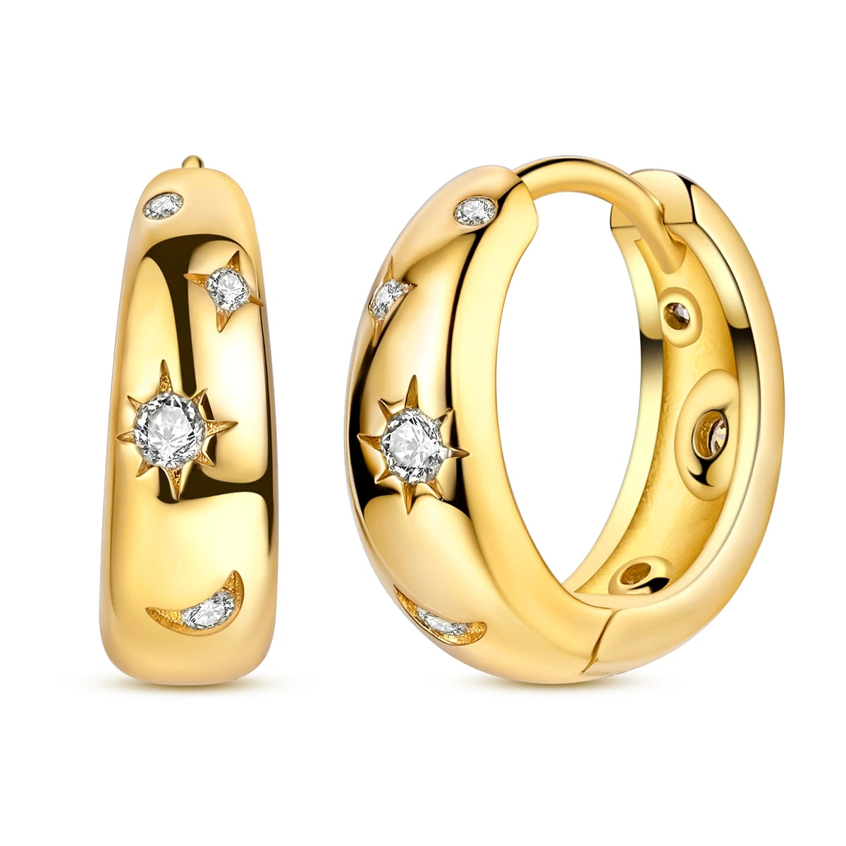 Gold Color Silver 925 Earring For Woman Round Sun Moon Heart Hoop Earring Original Jewelry