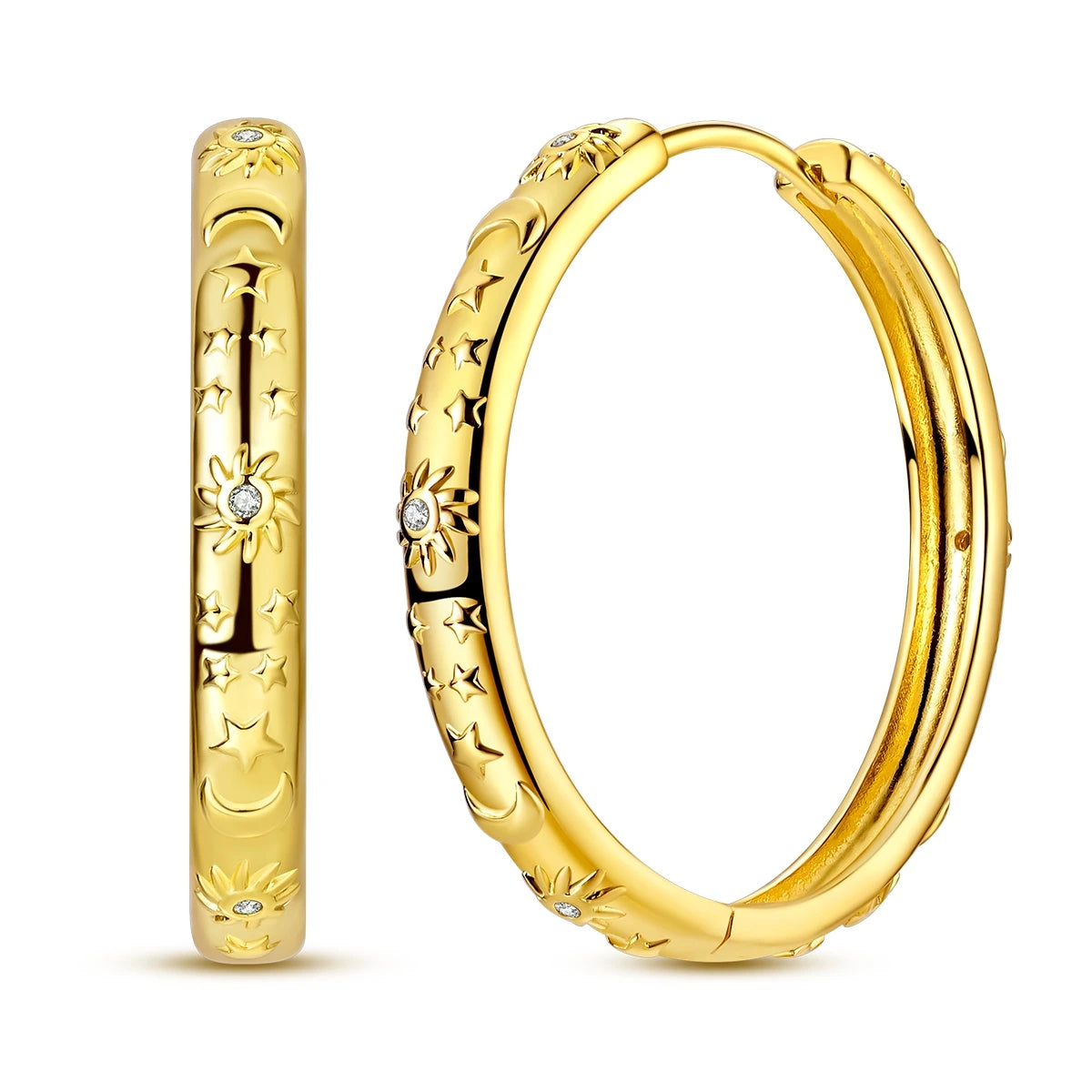 Gold Color Silver 925 Earring For Woman Round Sun Moon Heart Hoop Earring Original Jewelry