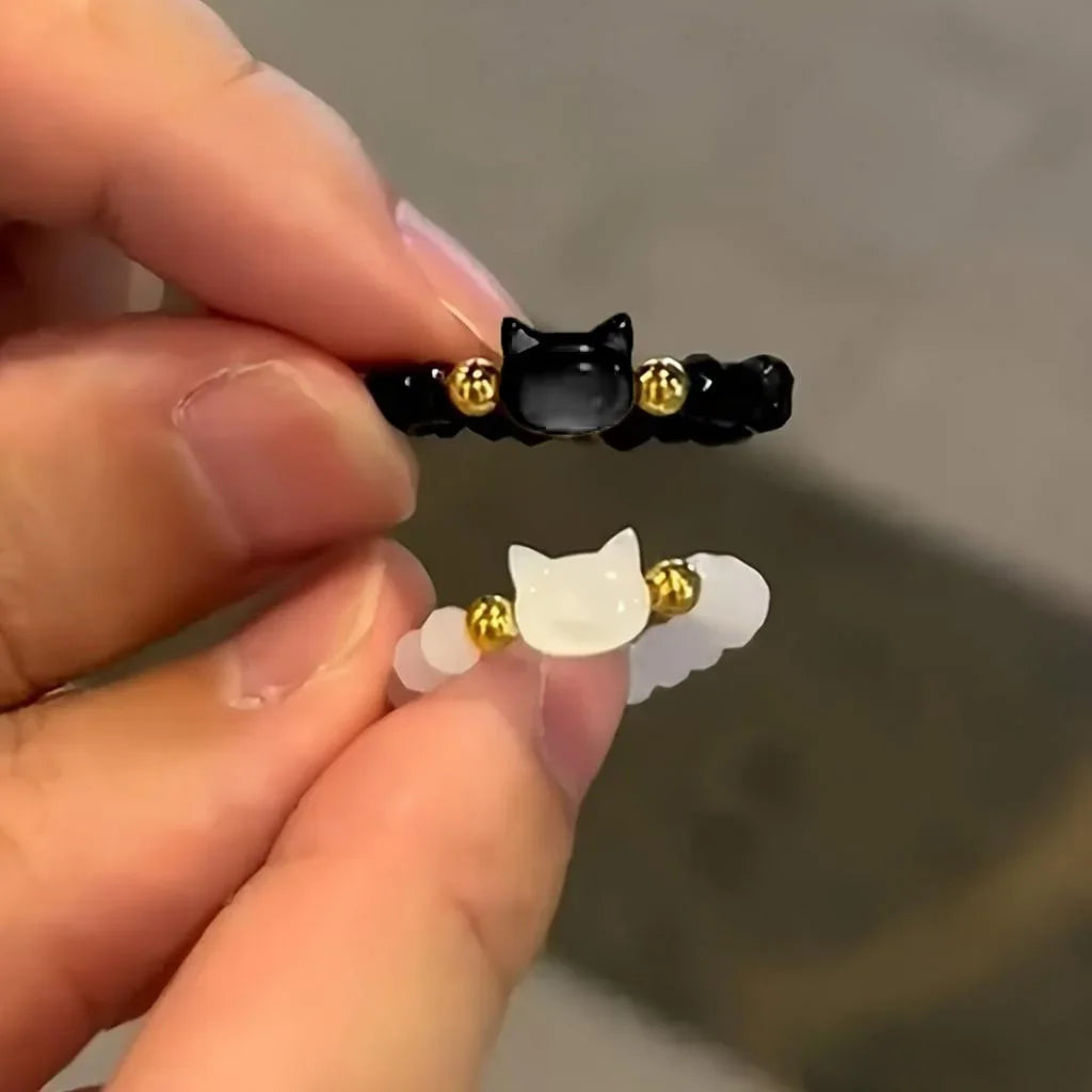 Fashion Natural Moonstone Obsidian Rings Minimalist Handmade Cute Black White Cat Bead Ring Women Party Accessories Jewelry Gift