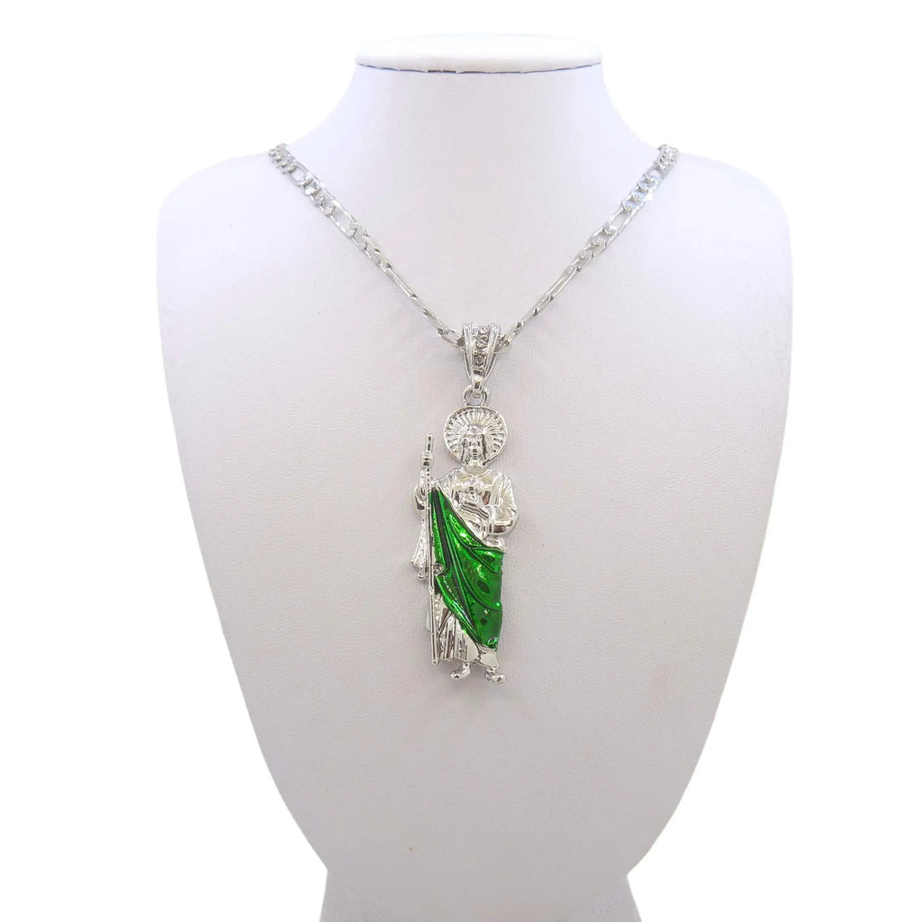 Saint Jude Necklace 14K Gold Plated San Judas Pendant Figaro Chain