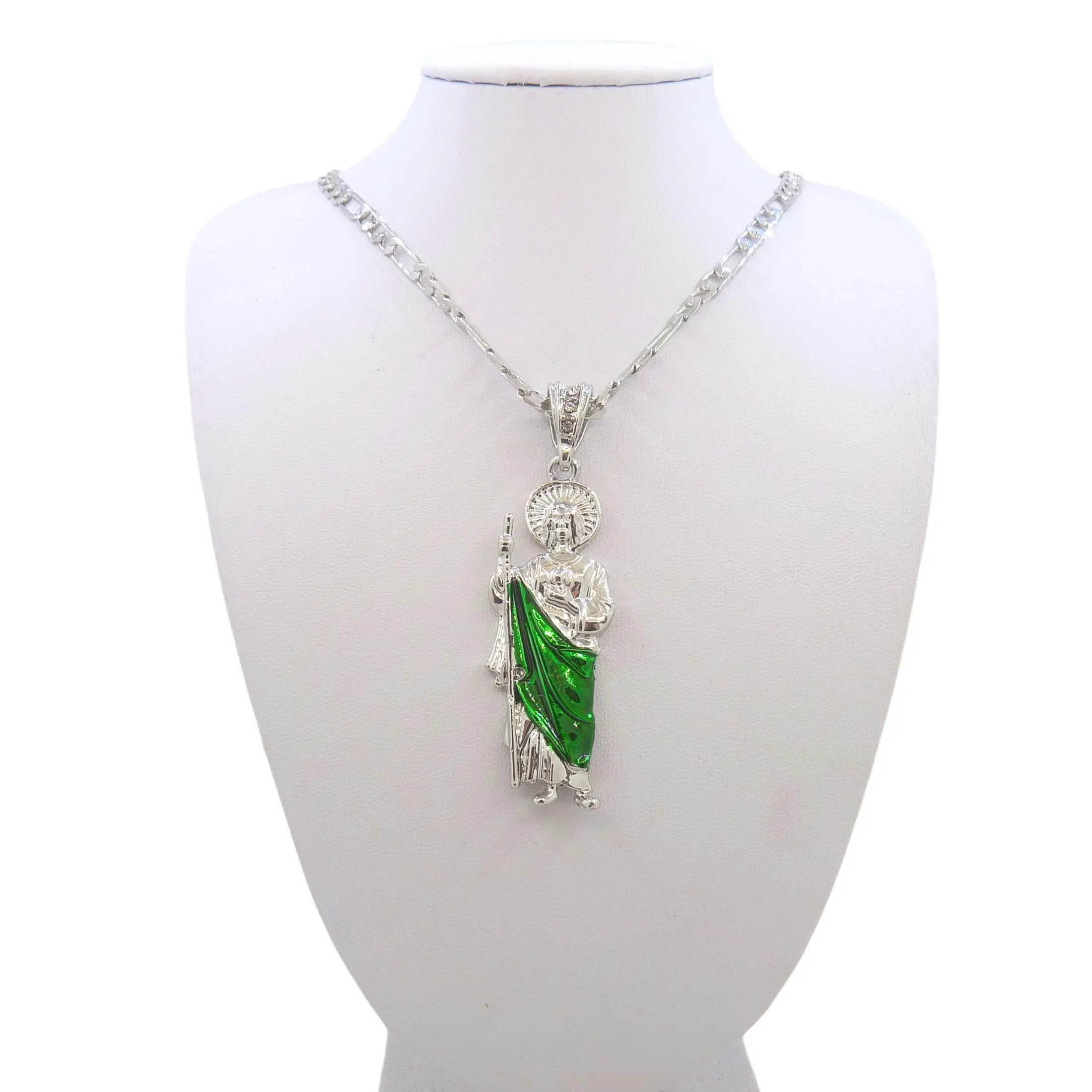 Saint Jude Necklace 14K Gold Plated San Judas Pendant Figaro Chain