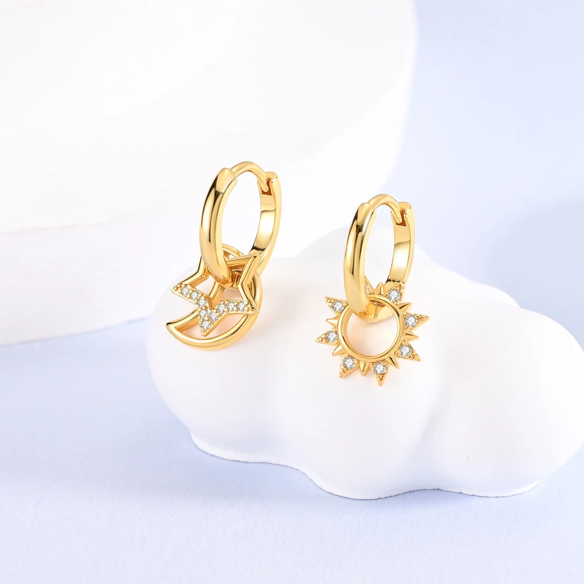 Gold Color Silver 925 Earring For Woman Round Sun Moon Heart Hoop Earring Original Jewelry