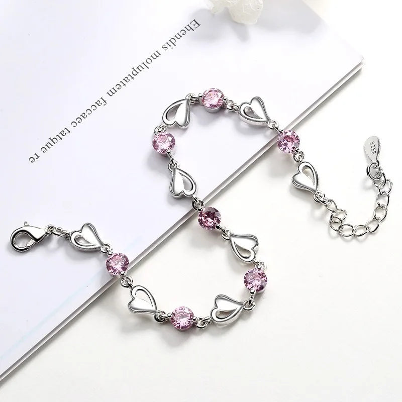 925 Sterling Silver Heart Shaped Bracelet For Women Retro Korean Versatile Pink Crystal Charm Bracelets Original Party Jewelry