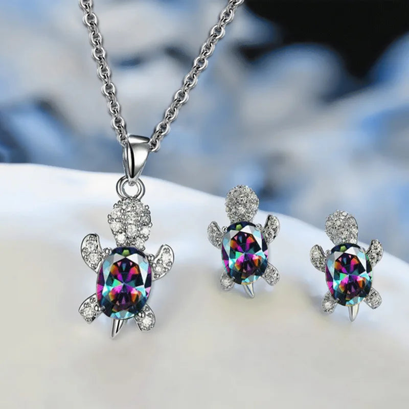 3pcs Silver-plated Necklace Earrings Set Ladies Light Luxury Fashion Style Turtle Shape With Multi Color Glass Diamond
