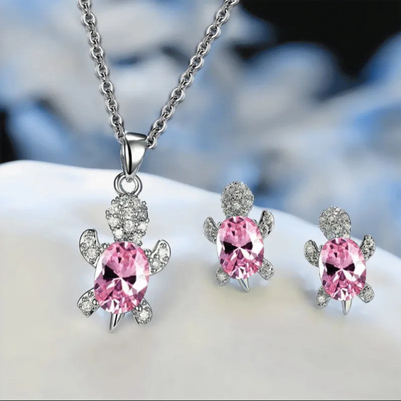 3pcs Silver-plated Necklace Earrings Set Ladies Light Luxury Fashion Style Turtle Shape With Multi Color Glass Diamond