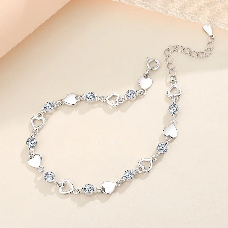 925 Sterling Silver Heart Shaped Bracelet For Women Retro Korean Versatile Pink Crystal Charm Bracelets Original Party Jewelry