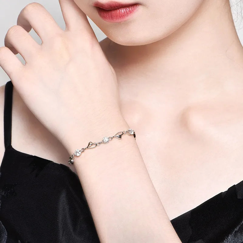 925 Sterling Silver White Zircon Bracelets For Women Luxury Designer Hollow Heart Adjustable Chain Bracelet Original Jewelry