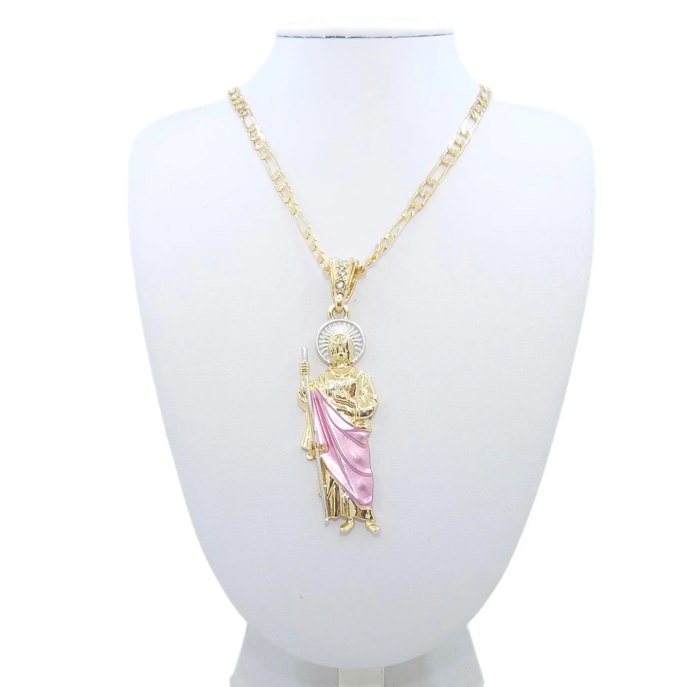 Saint Jude Necklace 14K Gold Plated San Judas Pendant Figaro Chain