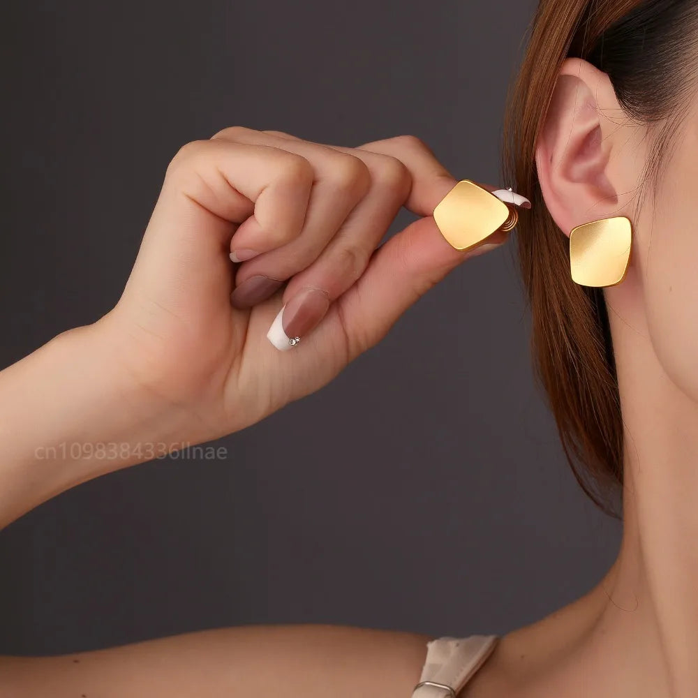 Matte Golden Minimalist Square Vintage Stud Earrings for Women Luxury Elegant Korea Earings Jewelry Gift Серьги Женские