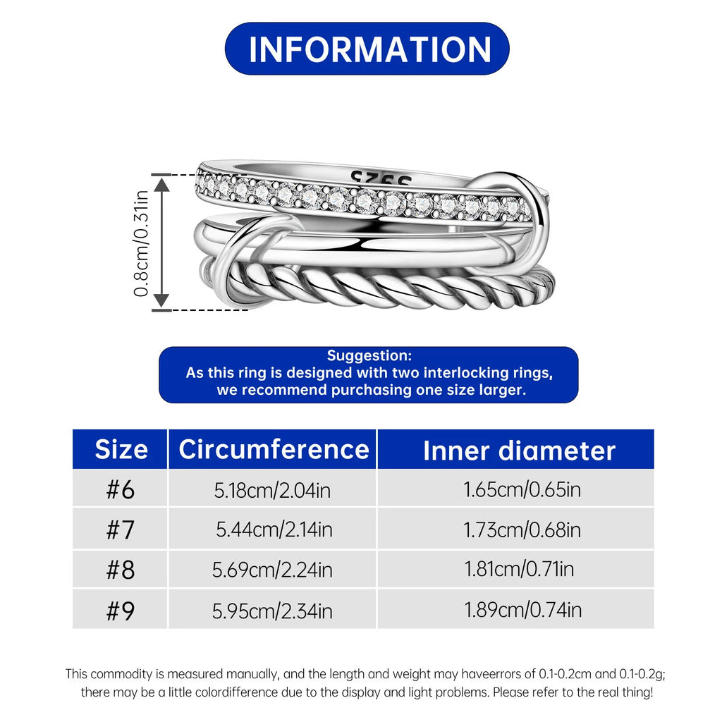 CYCUFF 925 Sterling Silver Designed Simple Fashion 3-Ring Rings Closed Ring for Women Birthday Party Jewelry Gift Ring Comfort