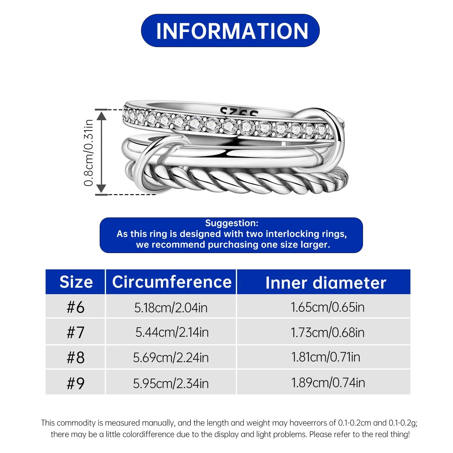 CYCUFF 925 Sterling Silver Designed Simple Fashion 3-Ring Rings Closed Ring for Women Birthday Party Jewelry Gift Ring Comfort