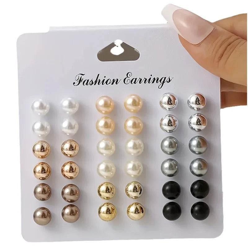 18 Pairs Elegant Multi-color Imitation Pearl Stud Earrings Korean Charm Ball Bead Earrings Women Trend Party Wedding Jewelry Set