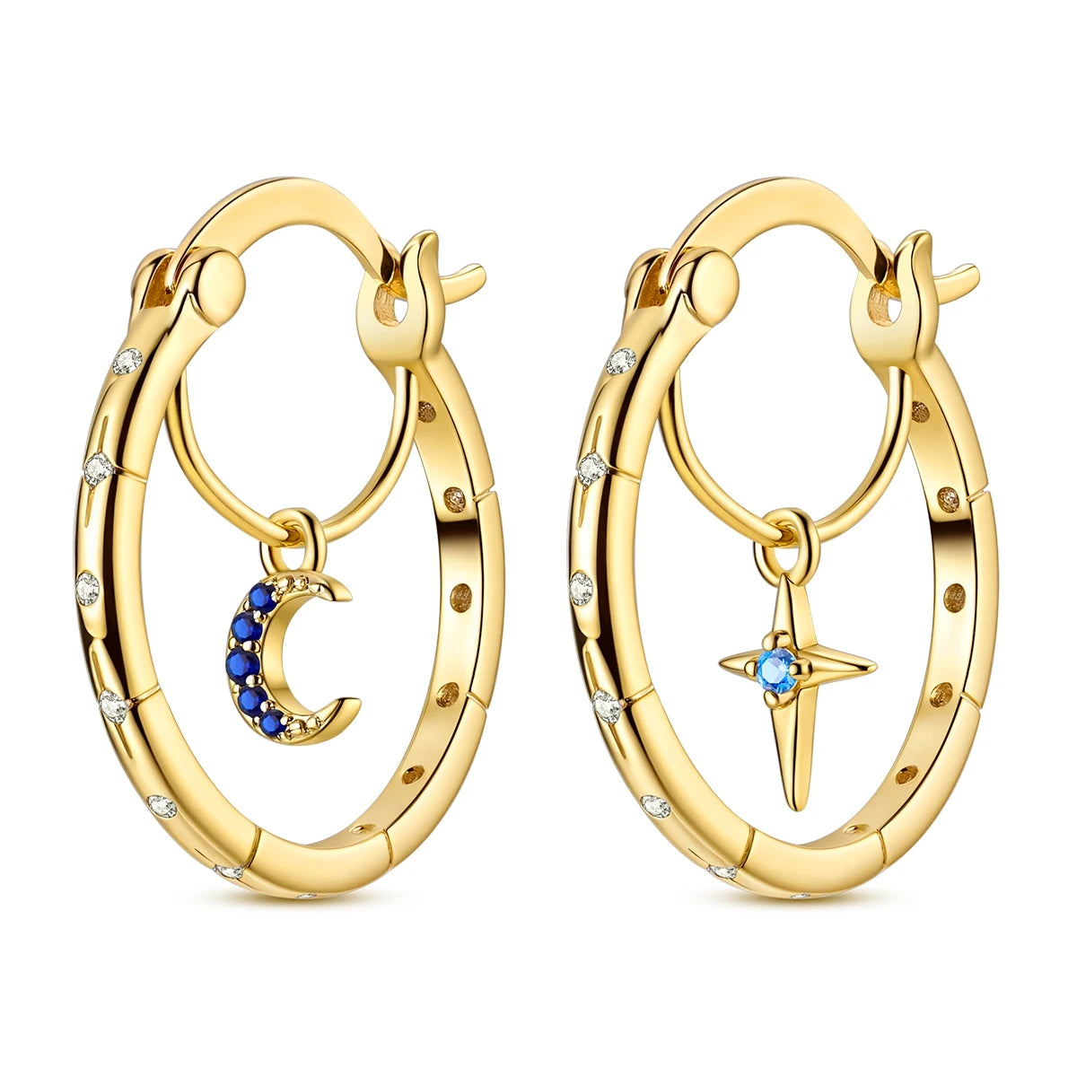 Gold Color Silver 925 Earring For Woman Round Sun Moon Heart Hoop Earring Original Jewelry