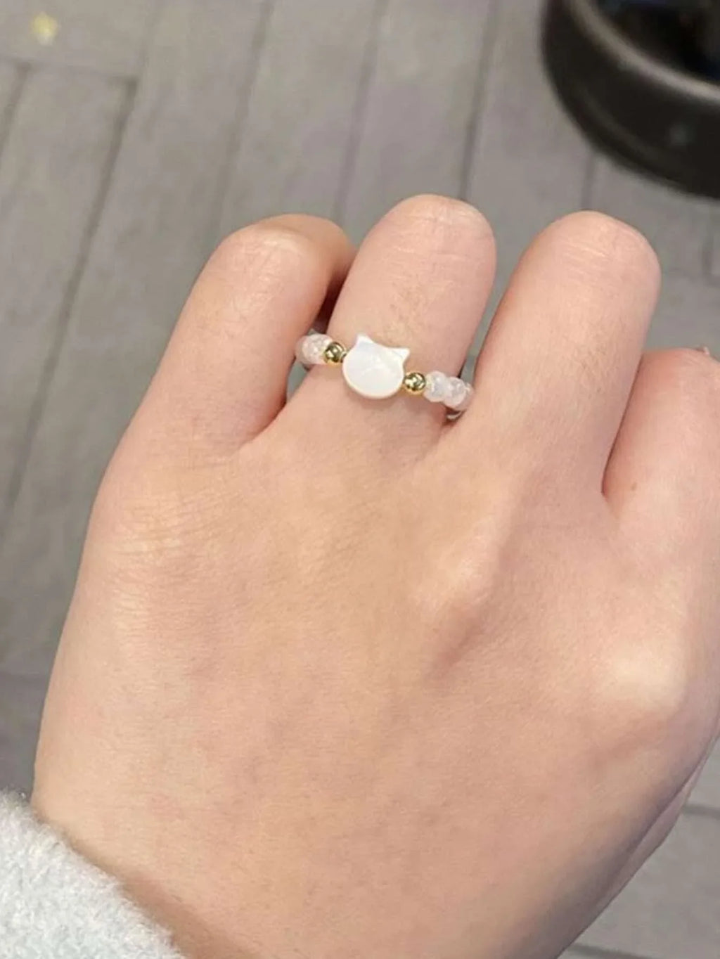 Fashion Natural Moonstone Obsidian Rings Minimalist Handmade Cute Black White Cat Bead Ring Women Party Accessories Jewelry Gift