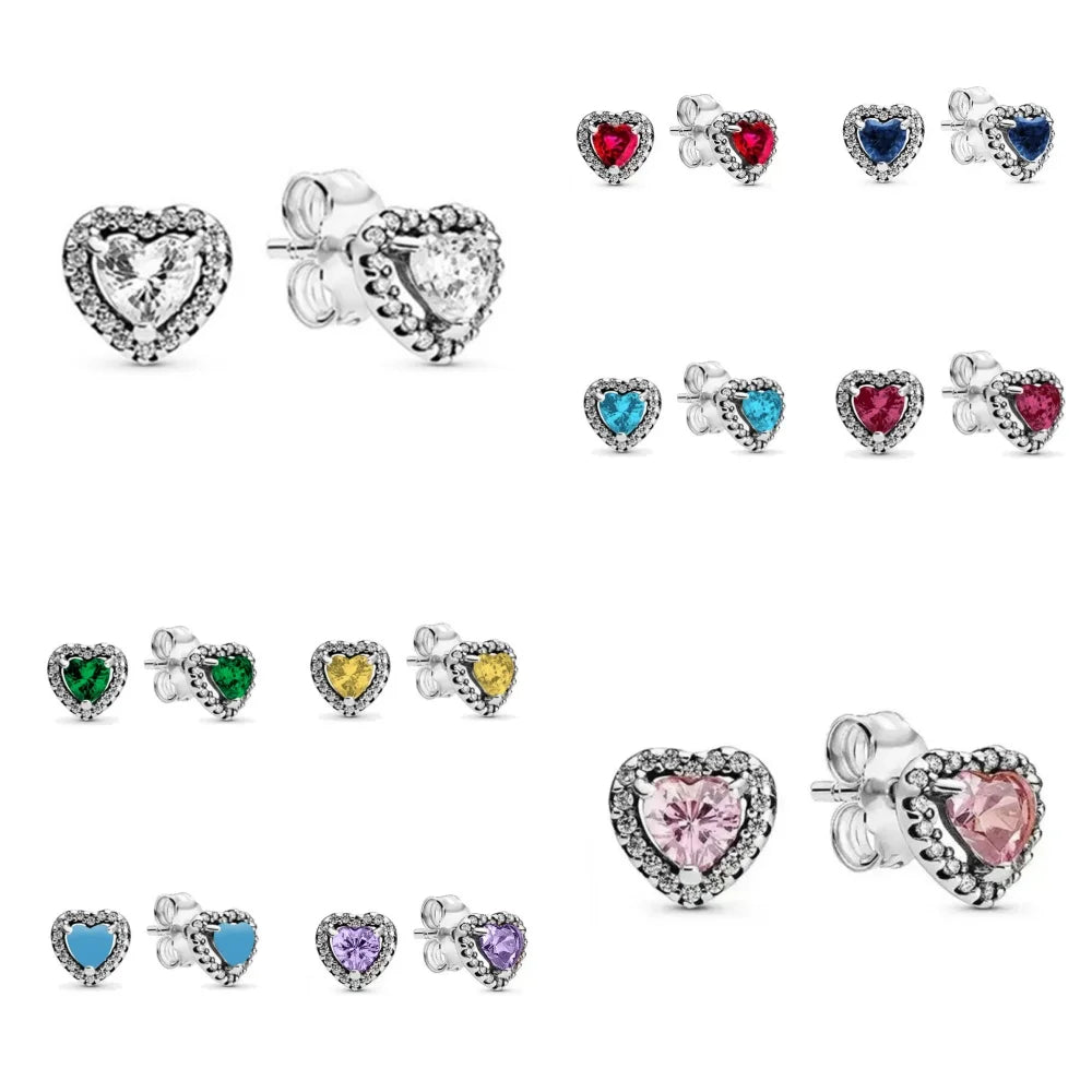 Original White Pink Blue Red Green Heart Stone Earrings Earring Stud 925 Sterling Silver Jewelry For Women Party
