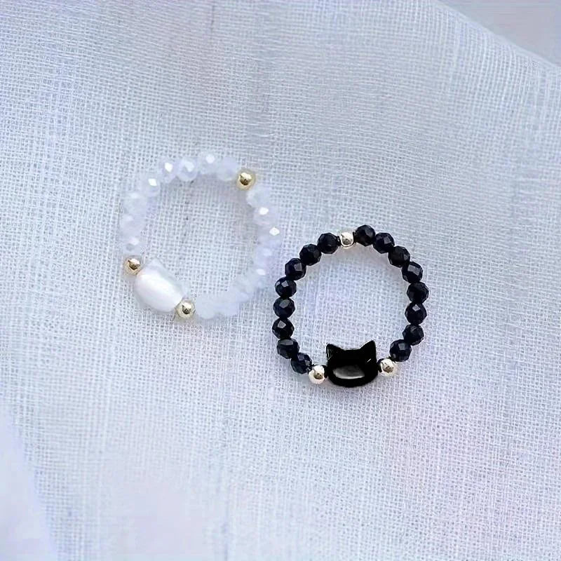 Fashion Natural Moonstone Obsidian Rings Minimalist Handmade Cute Black White Cat Bead Ring Women Party Accessories Jewelry Gift