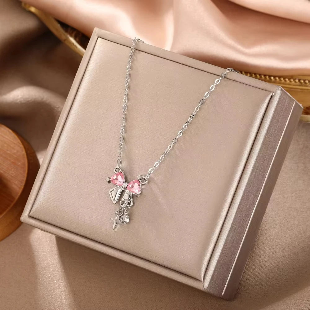 Sweet Pink Bow Necklace Ladies Fashion Sparkling Rhinestone Star Shape Pendant Clavicle Chain Delicate Wedding Accesories