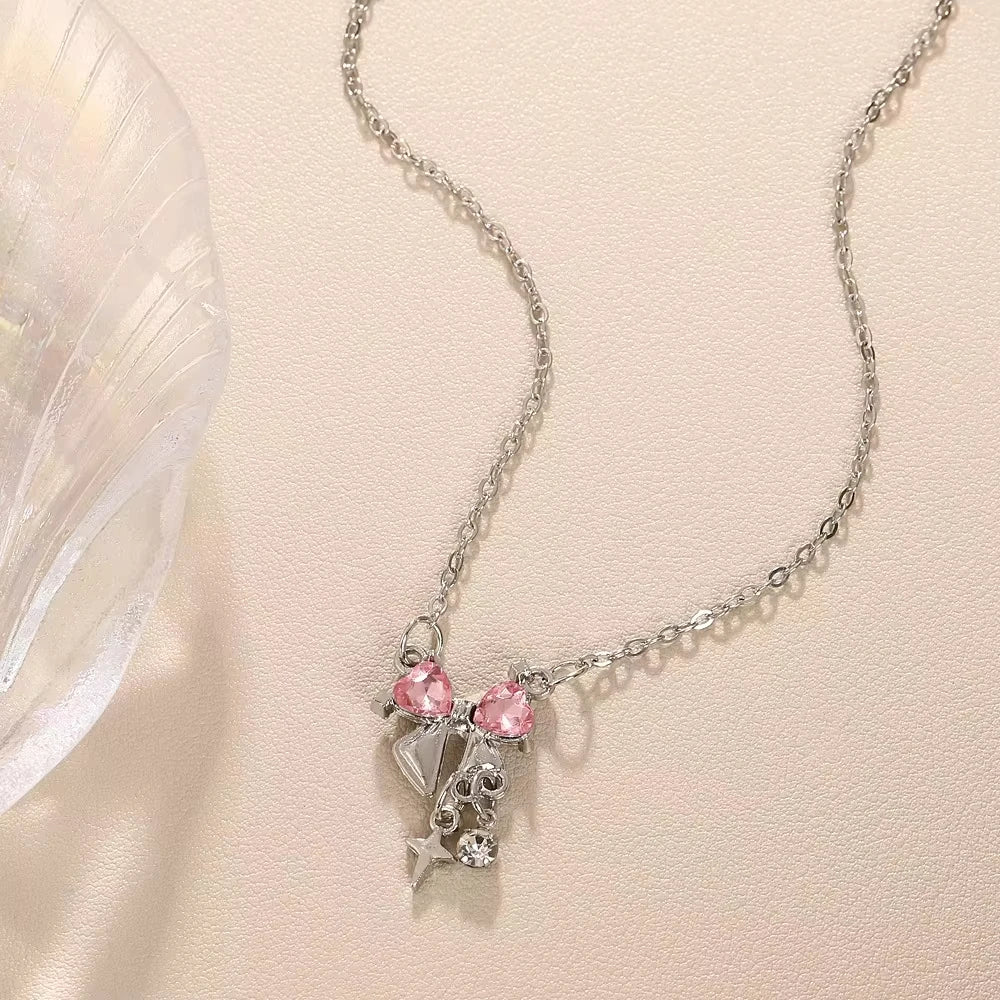 Sweet Pink Bow Necklace Ladies Fashion Sparkling Rhinestone Star Shape Pendant Clavicle Chain Delicate Wedding Accesories
